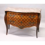 A GOOD LOUIS XVI PARQUETRY INLAID KINGWOOD BOMBE COMMODE, with serpentine fronted marble top, two