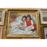 Two young children with a picture book oil on board.