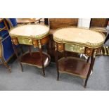 A pair of French kidney shaped marble top two tier single drawer occasional tables.