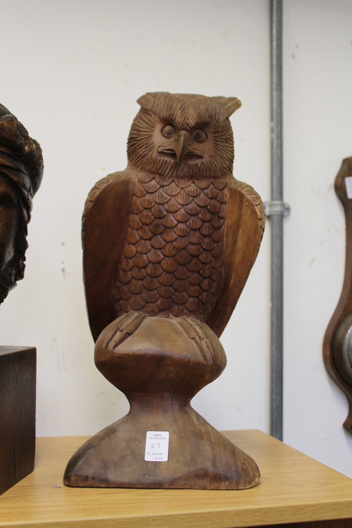 A carved wood bust and a carved model of an owl on a perch. - Image 3 of 4