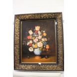 C. Sapent, a still life of flowers in a blue and white vase, oil on canvas laid onto board, in a