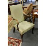 A George III style walnut framed open armchair with upholstered back and seat and shepherd's crook