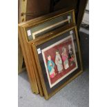 A set of three and two similar framed and glazed collages depicting Chinese figures.