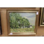 Rural Landscape with Trees and Farm Buildings oil on board.