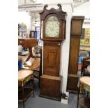A 19th century oak and mahogany cased longcase clock with painted arch dial, signed Lomas, Sheffield