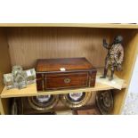 A brass bound box, a spelter figure and a glass model of a church.