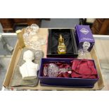 A moulded glass model of a fox, two cut glass Edinburgh Crystal scent bottles, a boxed bottle of