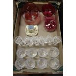 Various glassware to include cranberry glass together with a small gilt decorated coffee cup and