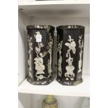 A pair of Chinese hexagonal carved wood and mother-of-pearl inlaid vases (AF).