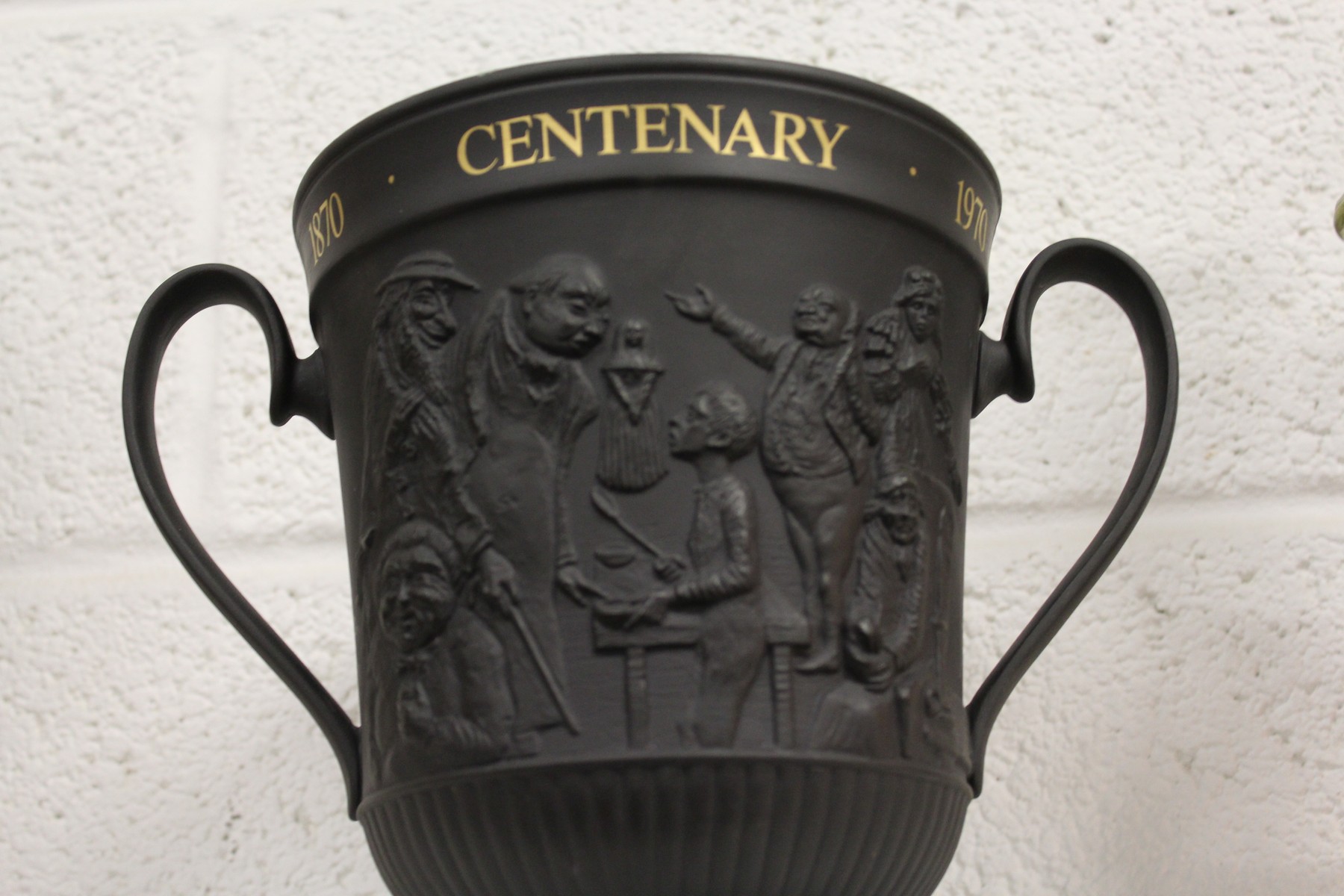 A Royal Doulton black basalt Charles Dickens commemorative twin handled urn. - Image 2 of 4