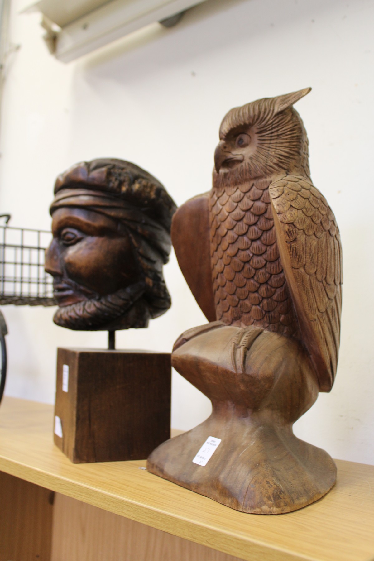 A carved wood bust and a carved model of an owl on a perch. - Image 4 of 4