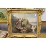 19th century English school "Highland Scene with Figures on a Bridge with a Dog" in a decorative