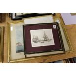 A small etching depicting HMS Victory in Portsmouth Harbour and three other engravings / prints.