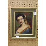 A 19th century continental school bust length portrait of a lady in a decorative painted frame.