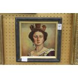 A bust length portrait of a young queen wearing a crown, oil on canvas.