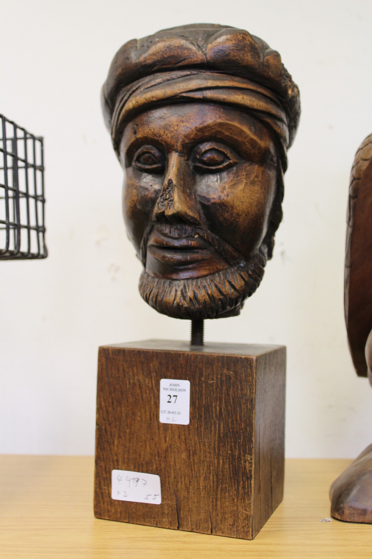 A carved wood bust and a carved model of an owl on a perch. - Image 2 of 4