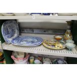 Three blue and white meat plates, a quantity of continental maiolica style china.