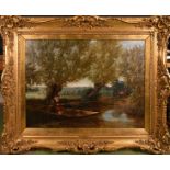 Gilbert Hall (19th century) British, A scene of an angler on a river with a distant view of a