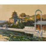 Early 20th century school, A river view with a pagoda and Temple beyond, oil on board,