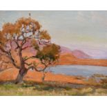20th century school, A continental Coastal scene with a tree and wildflowers, oil on board, 8" x