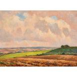 Henry Samuel Meritt (1884-1963) British, A distant view of farmland and rolling hills, oil on board,