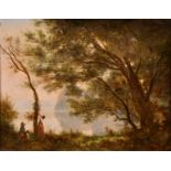 Follower of Corot, Figures foraging in a woodland setting, oil on panel, bears signature, 7.5" x