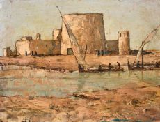 Attributed to Lt. Col Costin Nian, A feluccas on the river passing whitewashed buildings, oil on