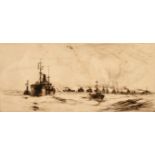 F. H. Mason (1875-1965) British, A Maritime scene of a flotilla of warships on calm waters, etching,