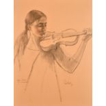 Zsuzsi Roboz (1929-2016) Hungarian, A portrait of Viktoria Mullova the violinist at rehearsal,