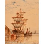 F. J. Aldridge (1850-1933) British, A Pair of maritime scenes of harboured ships, watercolour,