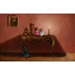 Deborah Jones (1921-2012) British, An interior scene with teddy bears and dolls sat on console table