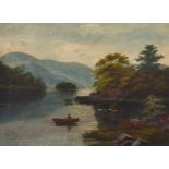 19th century British school, a scenic lake landscape with a figure rowing a boat and mountains