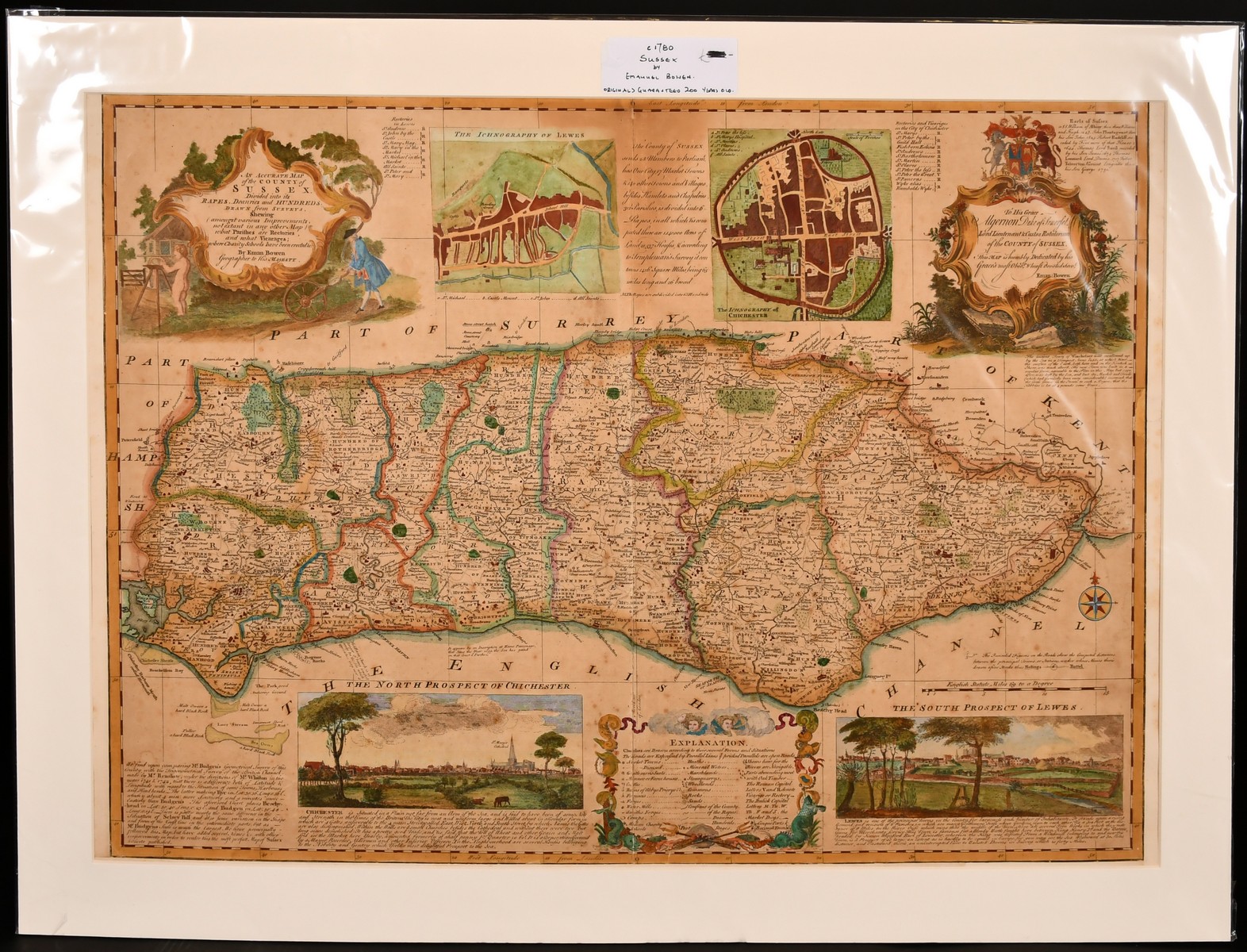 A map of Sussex by Emanuel Bowen, circa 1780, hand-coloured, 20" x 28". - Image 2 of 3