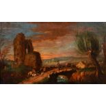 18th century continental school, a view of wayfarers on a bridge by Castle ruins, oil on canvas,