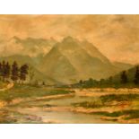 Otto Vaeltl (1885-1977) German, A mountainous river landscape, oil on canvas, signed, 25.5" x 32".