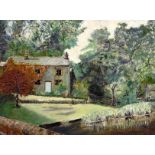20th century, A country cottage with a stream in the foreground, oil on board, 9" x 12".