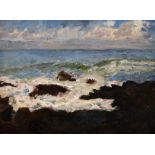 20th century school, A rocky coastline with breaking waves, oil on canvas, 10" x 13".