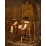 Early 20th century Continental school, An interior scene of a mother feeding her children, oil on