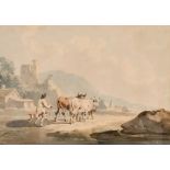 Manner of Peter La Cave (1769-1816) British, a farmer leading his cattle down a country path,