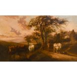 Samuel Joseph Clark (1834-1912) British, a lady on a horse and cart on a pathway by a cottage with