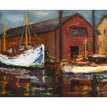 Circle of William Ludlow, an impressionist scene of a boathouse with moored boats, oil on paper, 11"