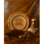 Follower of William Nicholson, a still life with china and a book, oil on canvas, 29" x 24",