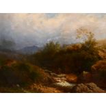 19th century English school, a rocky river Highland landscape, oil on board, 12" x 16".