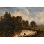 19th century school, a scene of a figure fishing in a pond with cows in a landscape beyond, oil on