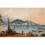 19th century school, a coastal scene of figures repairing boats on the shoreline with a town beyond,