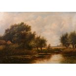 Joseph Thors (1835-1884) Dutch, figures by a riverbank with cattle in a distant landscape, oil on