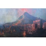 19th century school, Mount Vesuvius erupting with classical buildings in the foreground, oil on