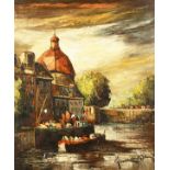 20th century school possibly continental, A View of barges along a canal with buildings and trees in