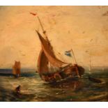 19th century English school, Dutch fishing boats in a swell, oil on board, 5" x 5.5".
