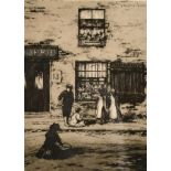 J. Beattie Scott (c. 1865-1937) children outside a shop with two other architectural etchings by